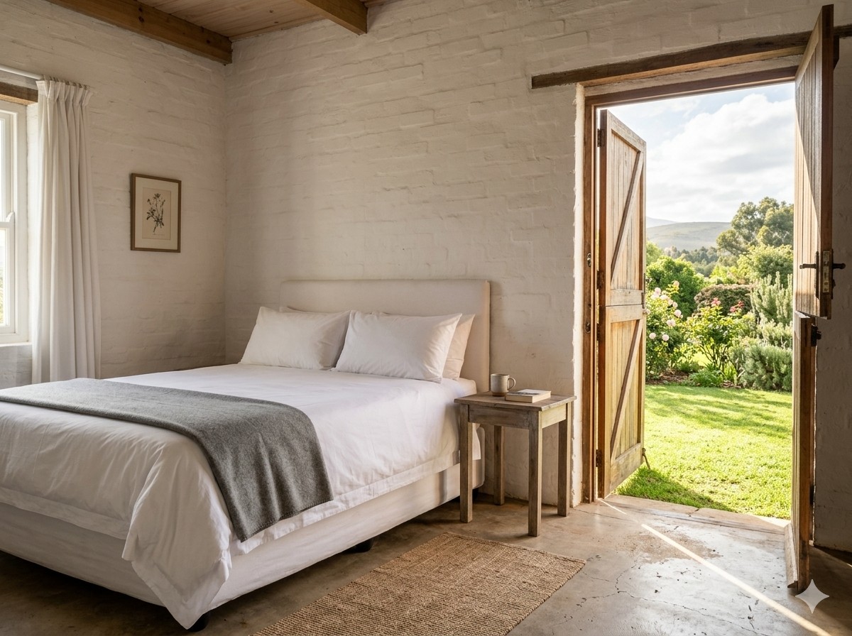 Whitewashed room with doors opening outside