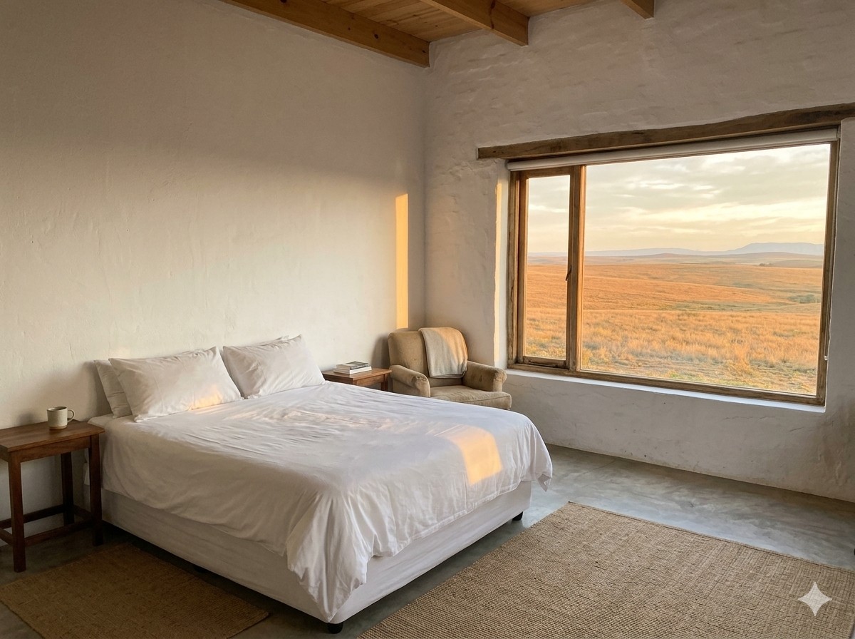 Bedroom with a wide window onto the veld