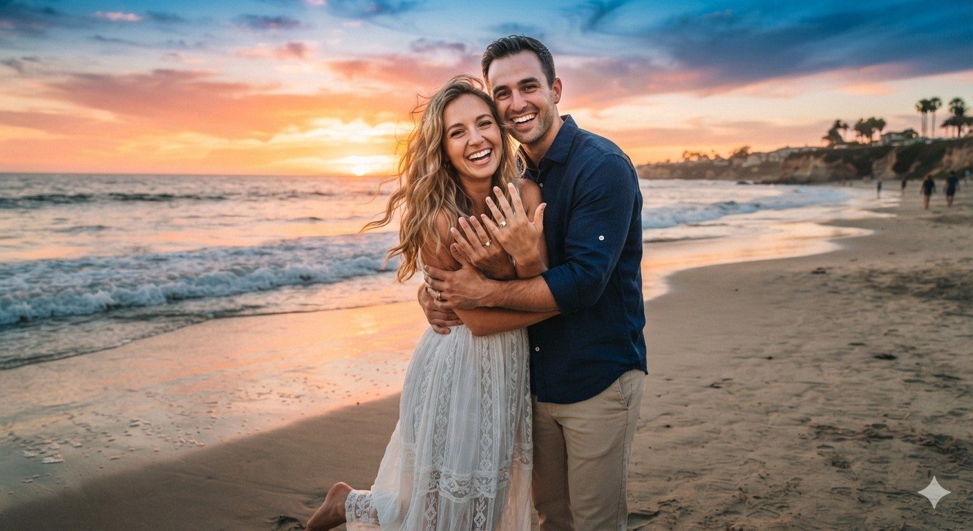 Elise and Ruan on the beach at sunset